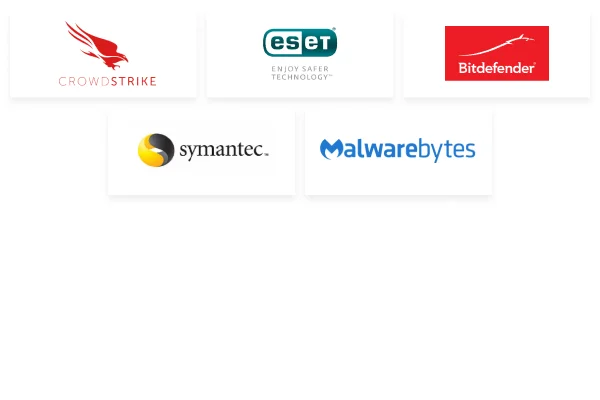 logos of crowdstrike essr bitdefender symantic malwarebytes