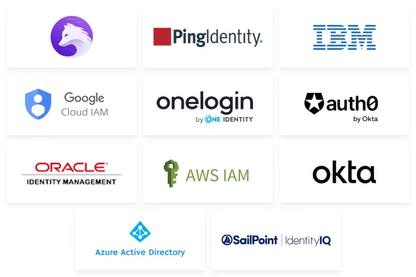 Logos of pingidentity ibm googlecloud onelogin autho oracle awsiam okta azure sailpoint