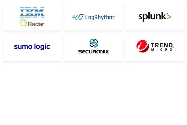 logos of ibmradar logrythm splunk sumologic secronix trendmicro