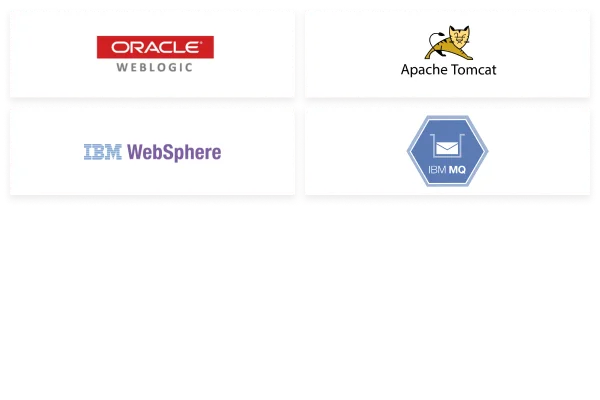 Logos of Oracle Weblogic, Apache Tomcat, IBM Webshphere and IBM MQ