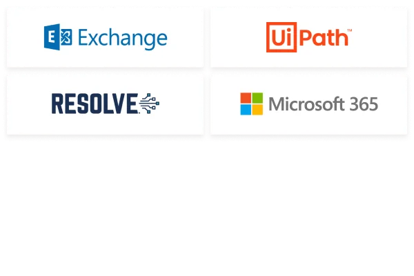 Logos of Exchange, Resolve, UI Path and Microsoft 365