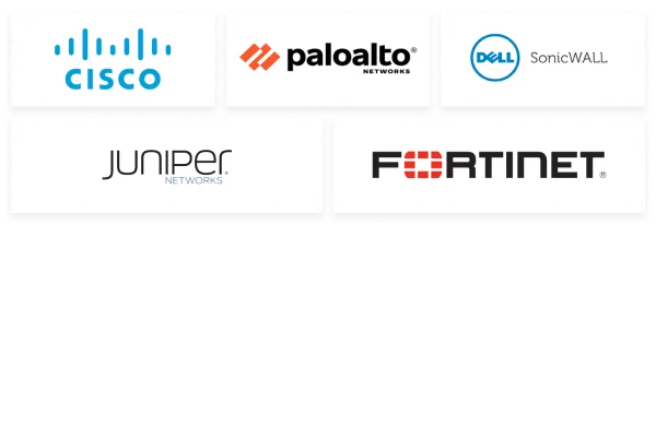 Logos of CISCO, Paloalto, Dell Sonic Wall, Juniper and Fortinet