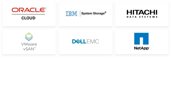 Logos of Oracle cloud, IBM Syste Storage, Hitachi data systems, VMware vSAN, Dell EMC and Net APP