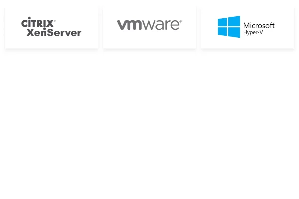 Logos of VMware, Citrix Xen services, Mictosoft Hyper V